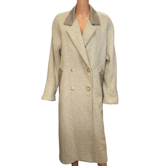 London Fog Tempo Europa Vintage Pure Wool Leather Collar Trench Coat Size 12 - Picture 2 of 15